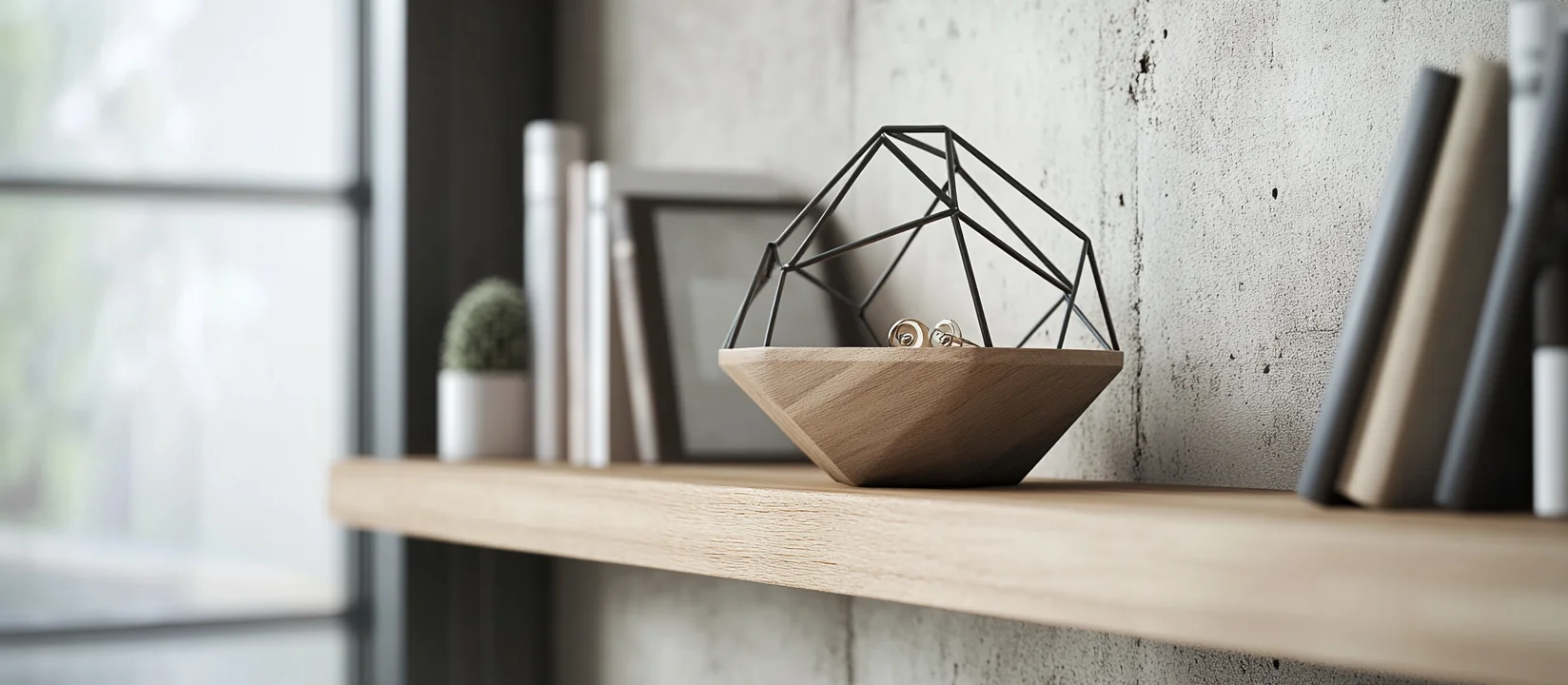 A simple, geometric jewelry ring holder with a combination of metal and acrylic.